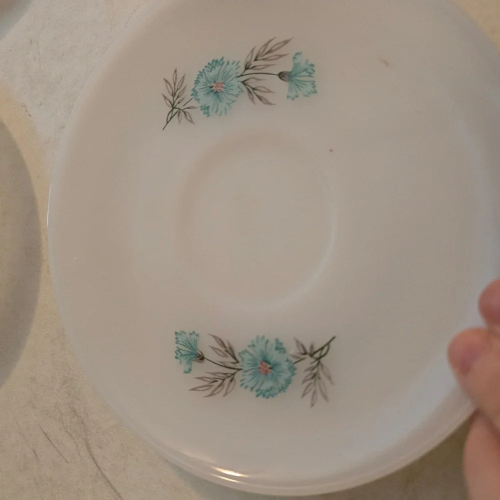 Fire-King Forget Me Not Milk Glass Saucers Set of 4 Blue Floral Vintage Ovenware
